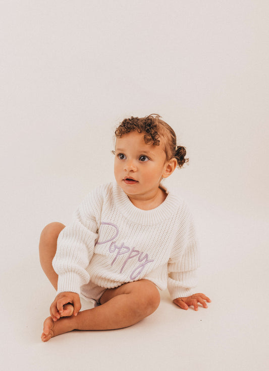 Chunky Knit Jumper - White (machine embroidery)
