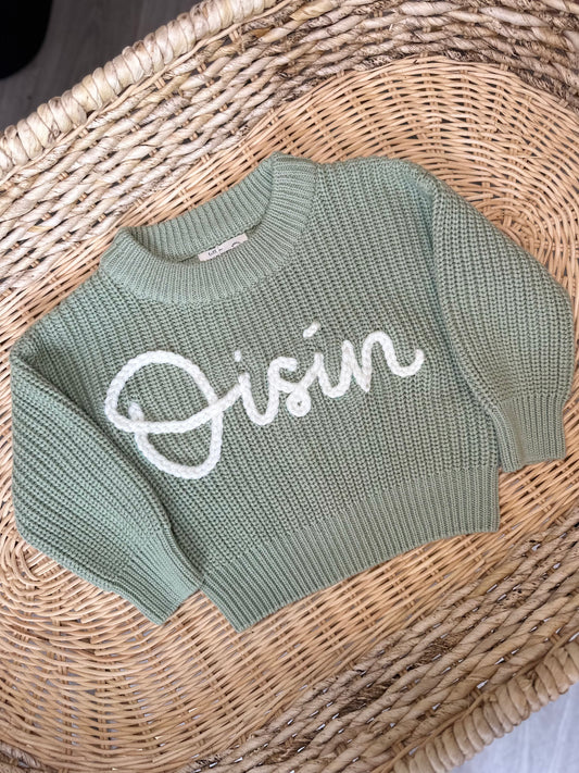 Hand Embroidered Chunky Knit Jumper - Sage