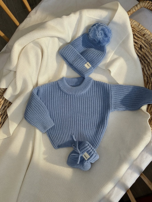 Machine Embroidered Knit Jumper, Bootie & Beanie Set with Blanket