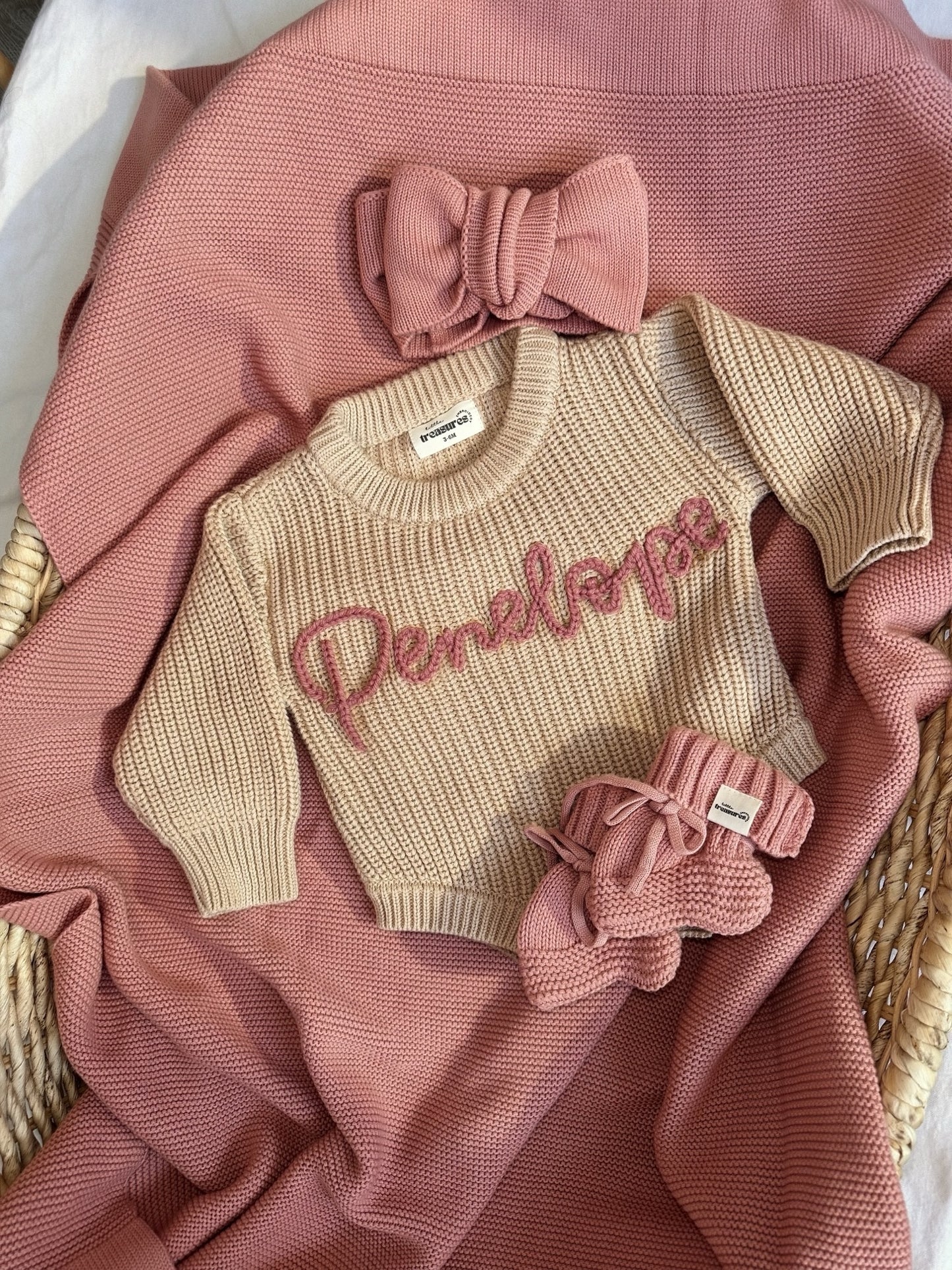 Hand Embroidered Knit Romper, Bootie & Bow Set