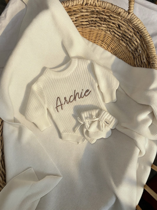 Chunky Knit Romper- White (Machine Embriodery)