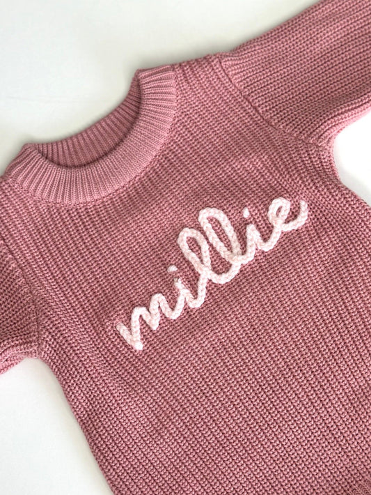 Chunky Knit Romper Pink (hand embroiderd)