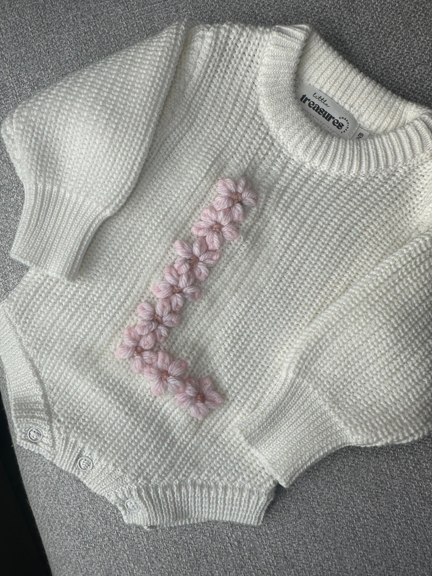 Chunky Knit Romper Floral Initial - White