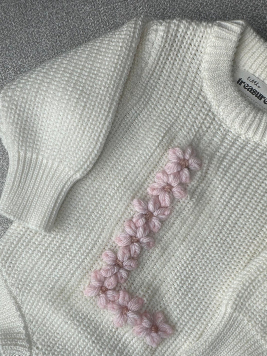Chunky Knit Romper Floral Initial - White