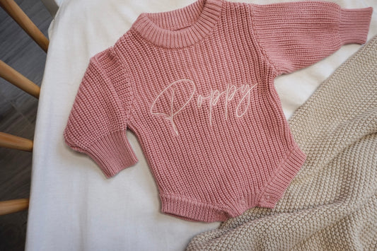 Chunky Knit Romper- Dusky Pink (Machine Embroidery)