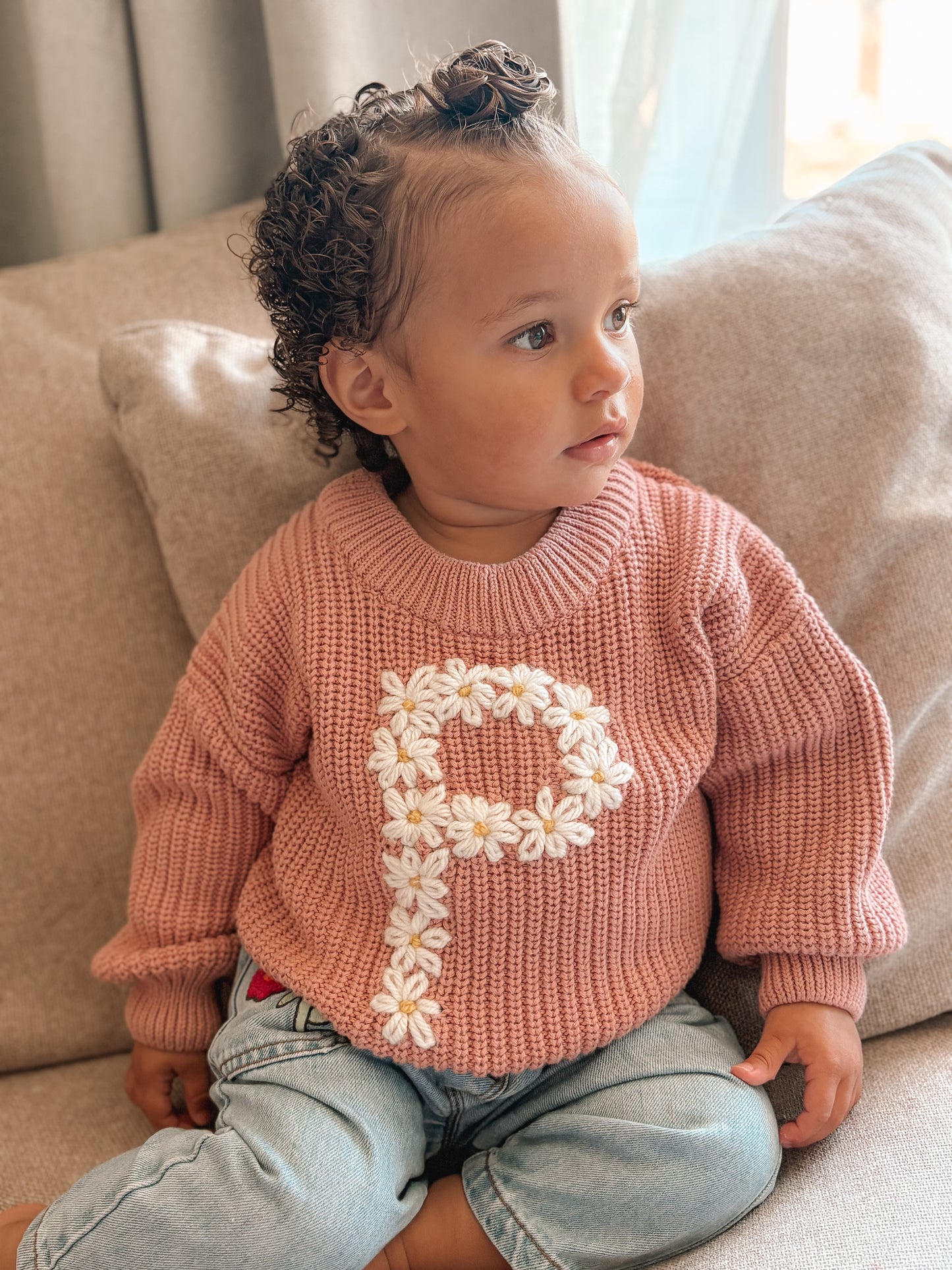 Chunky Knit Jumper Floral Initial - Pink