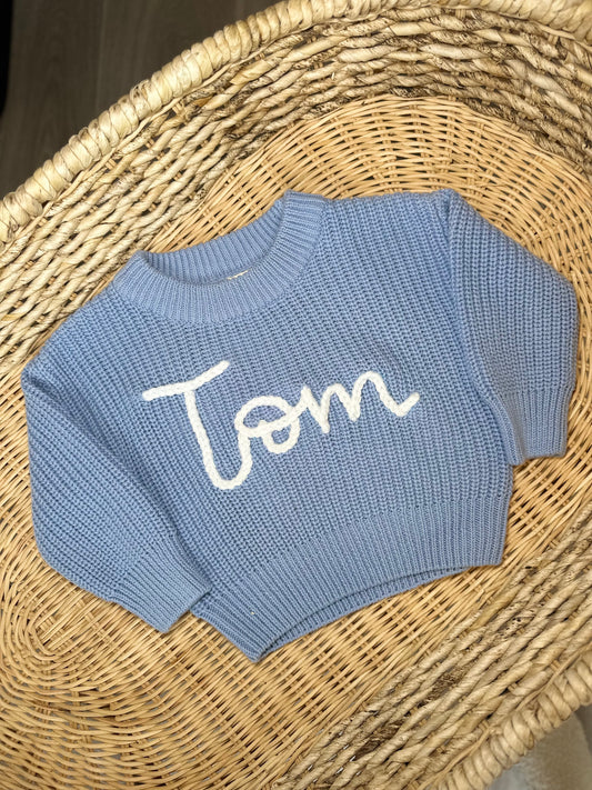 Chunky Knit Jumper - Powder Blue (hand embroidery)