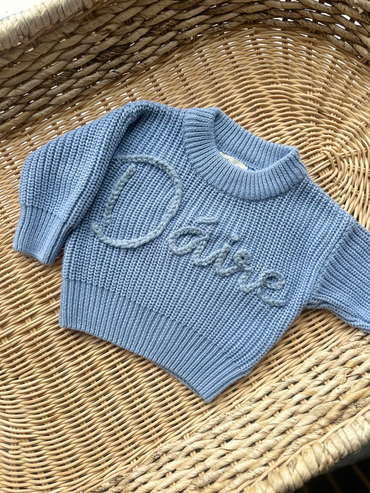 Chunky Knit Jumper - Powder Blue (hand embroidery)