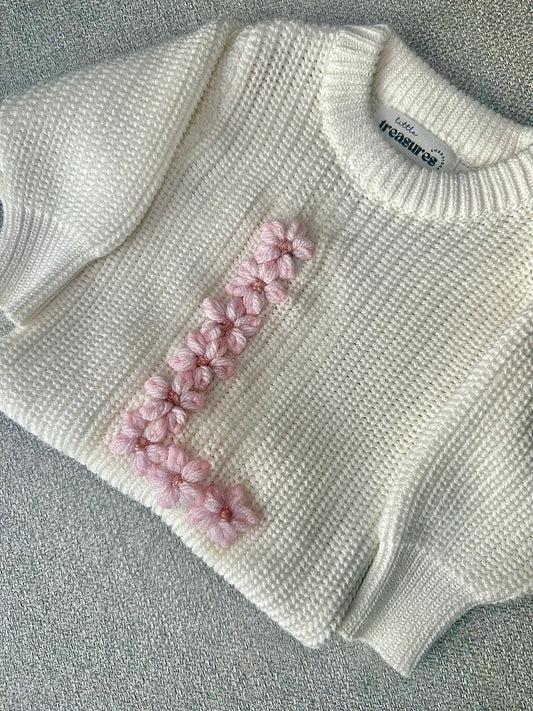 Chunky Knit Jumper Floral Initial - White