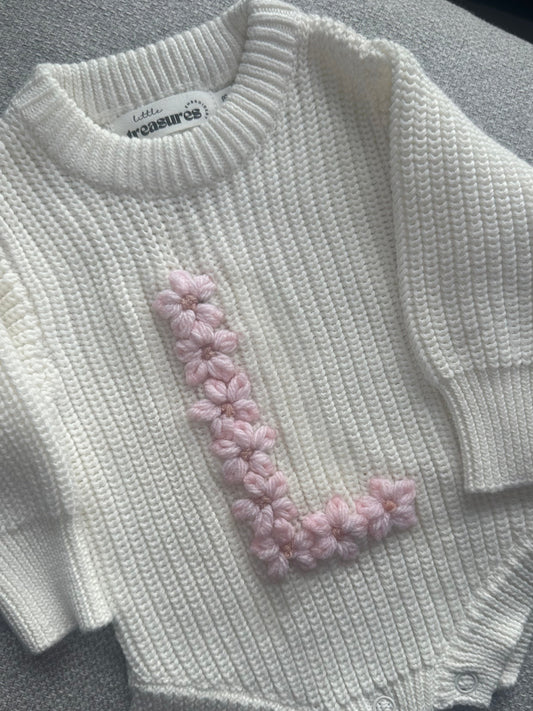 Chunky Knit Romper Floral Initial - White