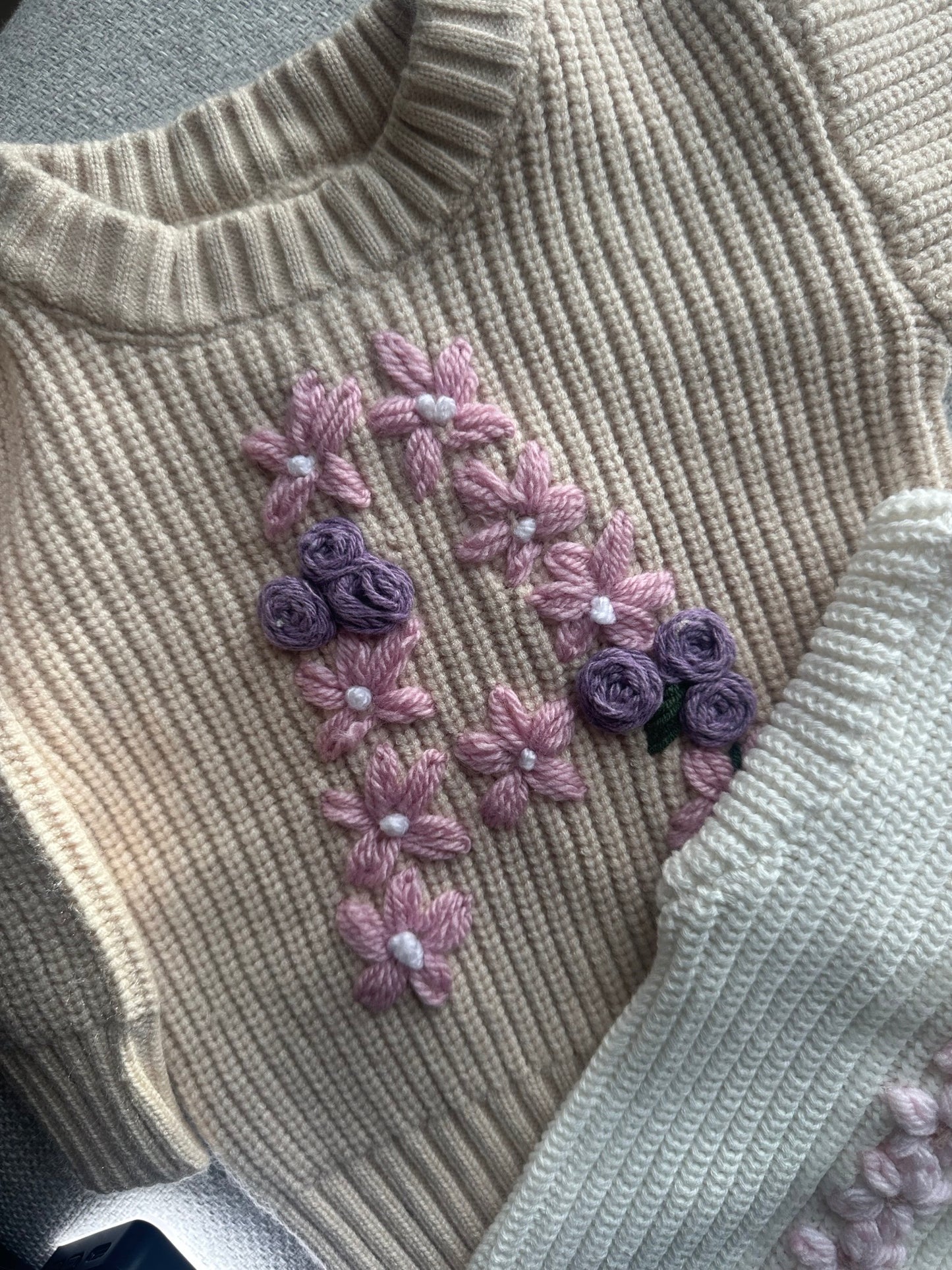 Chunky Knit Jumper Floral Initial - Sand