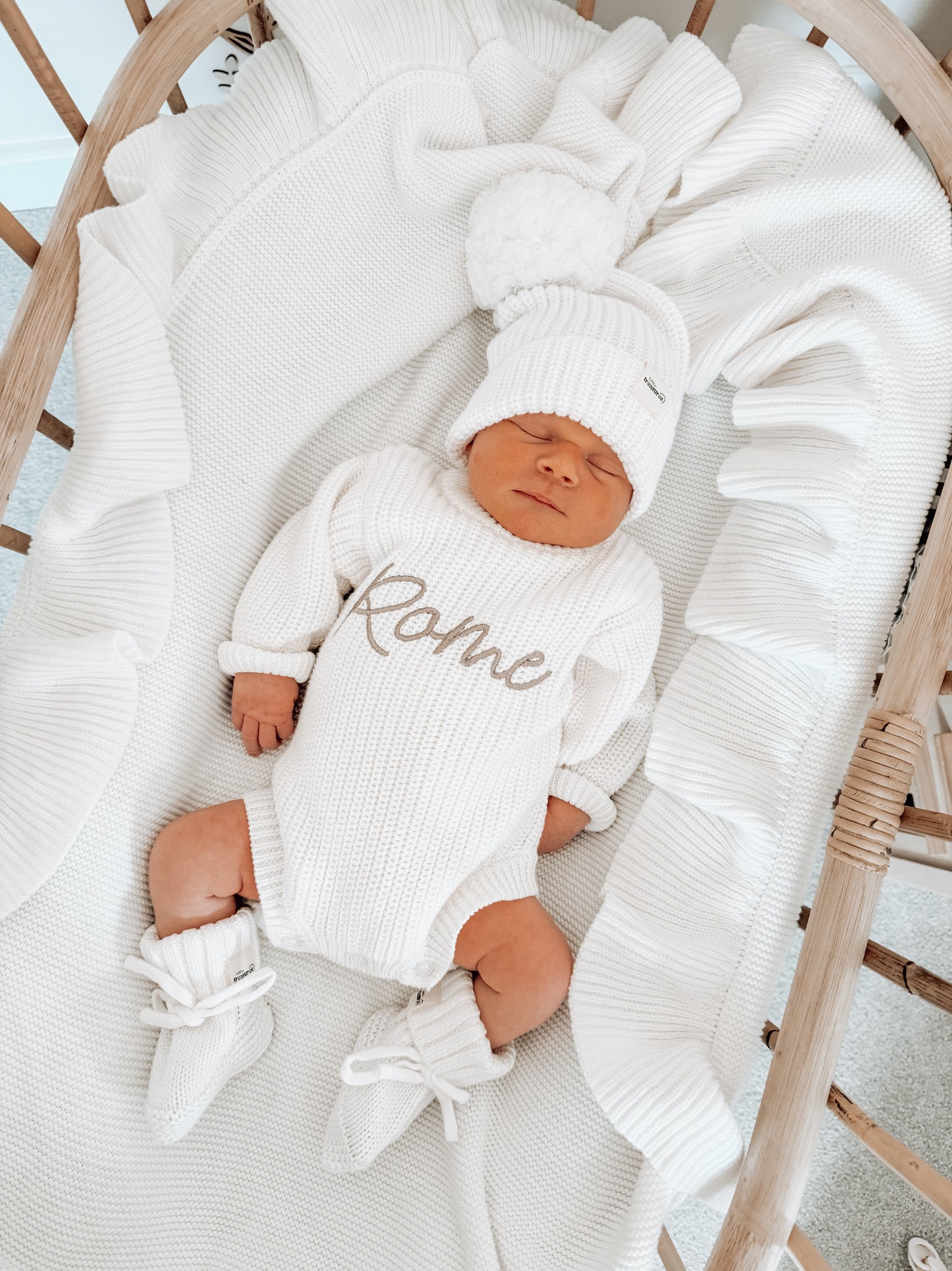Machine Embroidered Knit Romper, Bootie & Beanie Set with Blanket