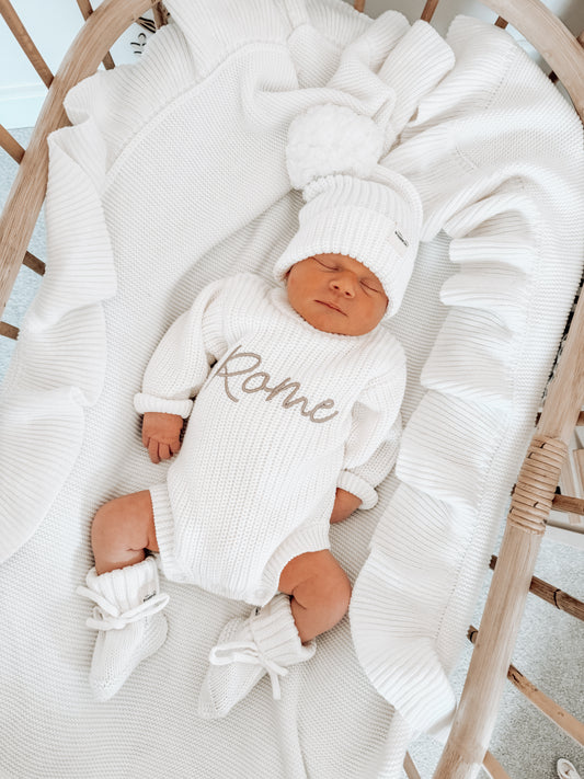 Chunky Knit Romper- White (Machine Embriodery)