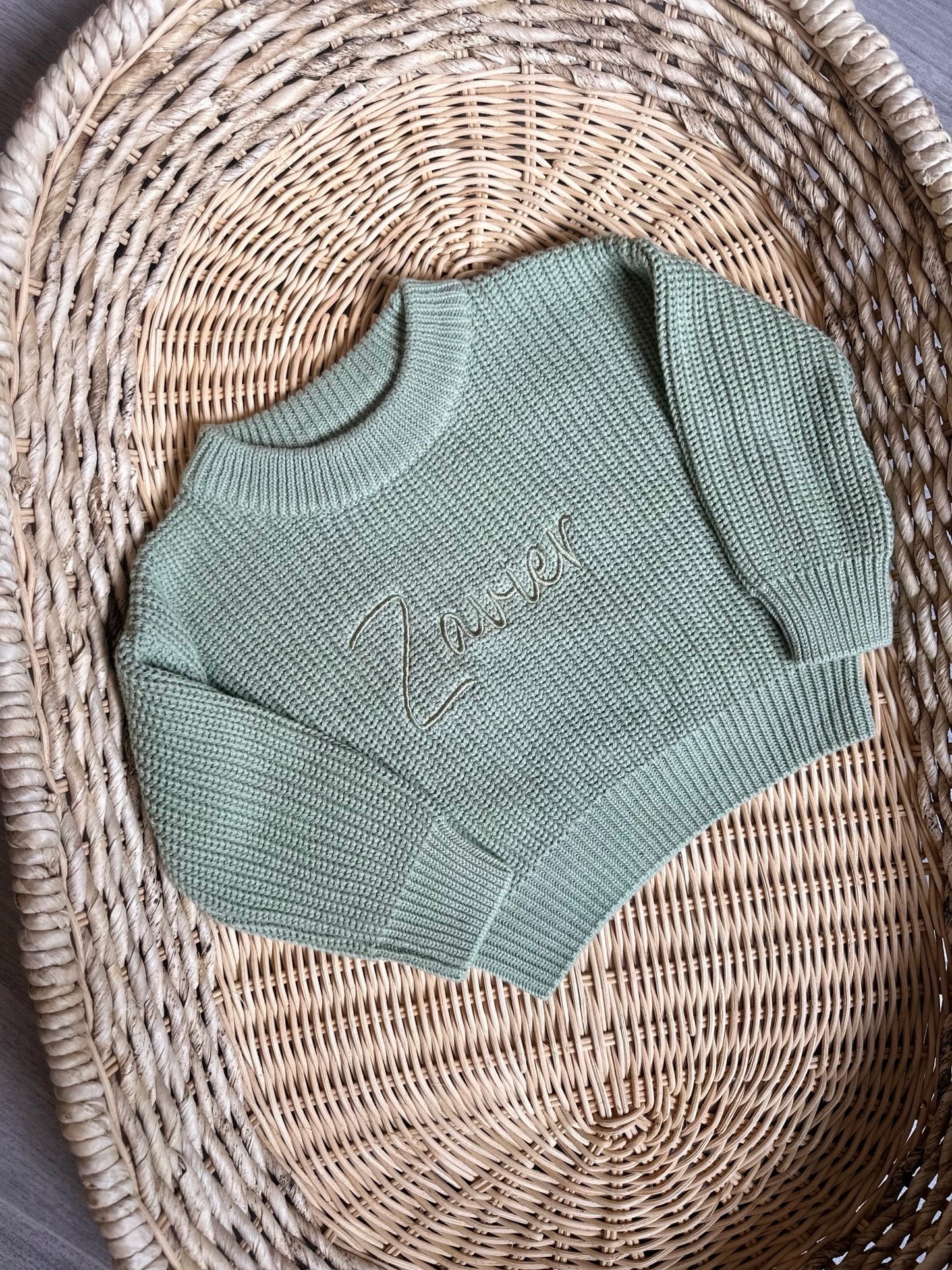 Machine Embroidered Chunky Knit Jumper - Sage