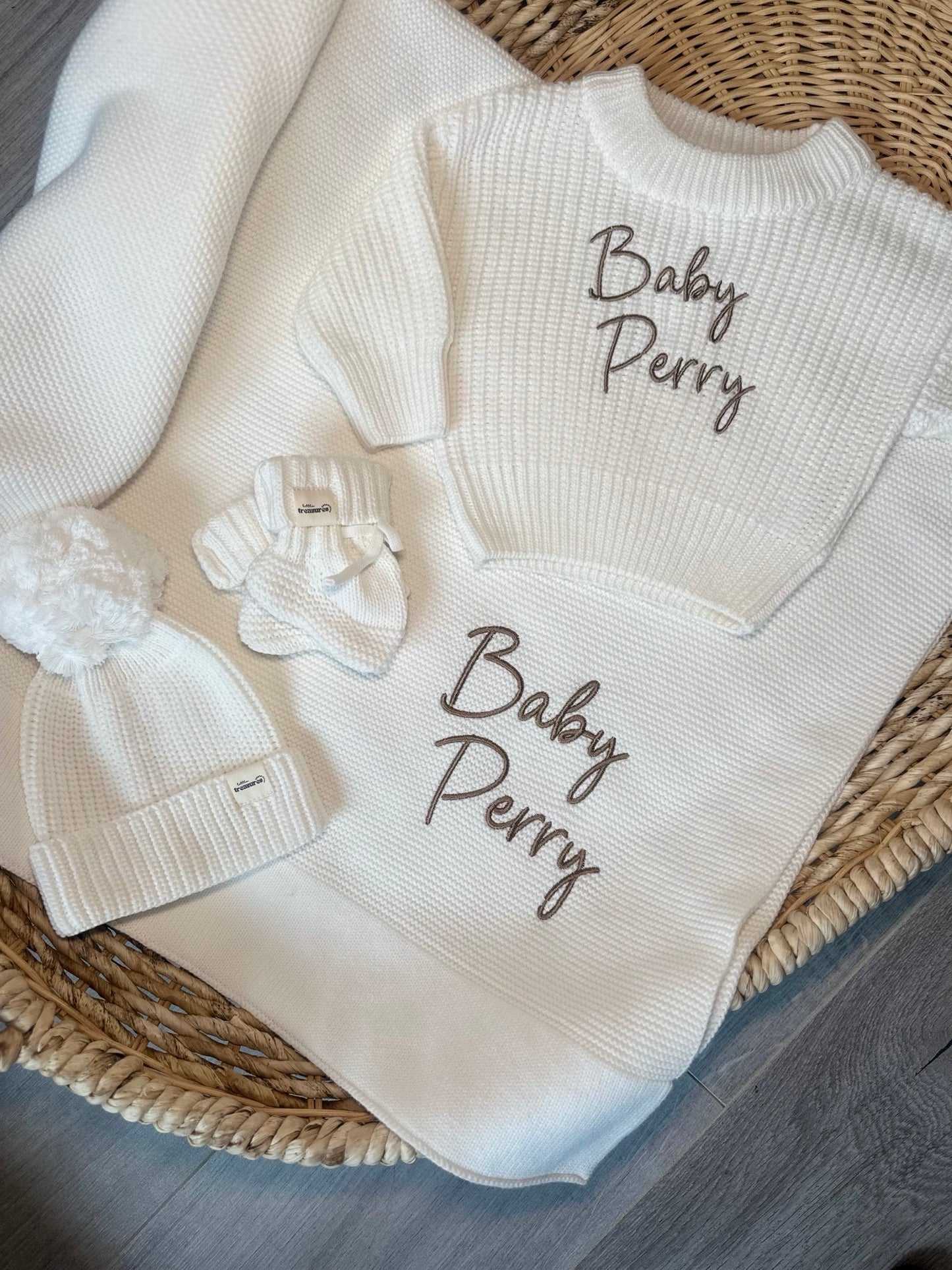 Machine Embroidered Knit Jumper, Bootie & Beanie Set with Blanket