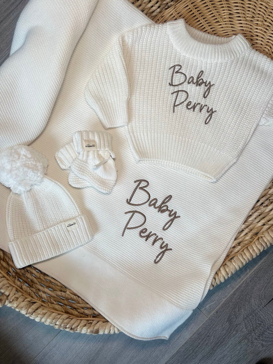 Machine Embroidered Knit Jumper, Bootie & Beanie Set with Blanket