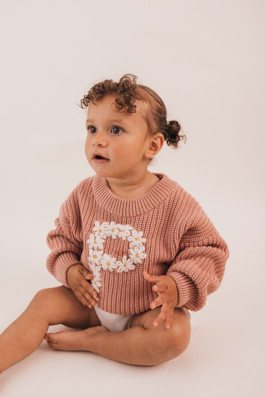 Chunky Knit Jumper Floral Initial - Pink