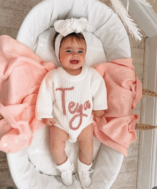 Hand Embroidered Knit Romper, Bootie & Bow Set