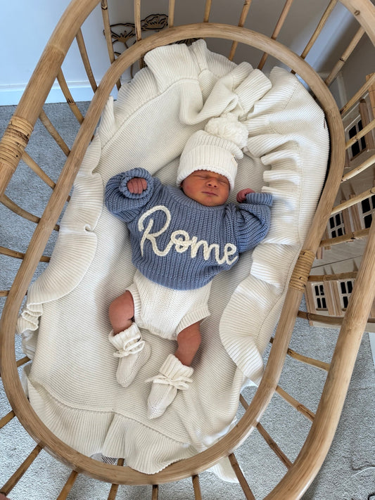 Hand Embroidered Knit Jumper, Bootie & Beanie Set with Blanket