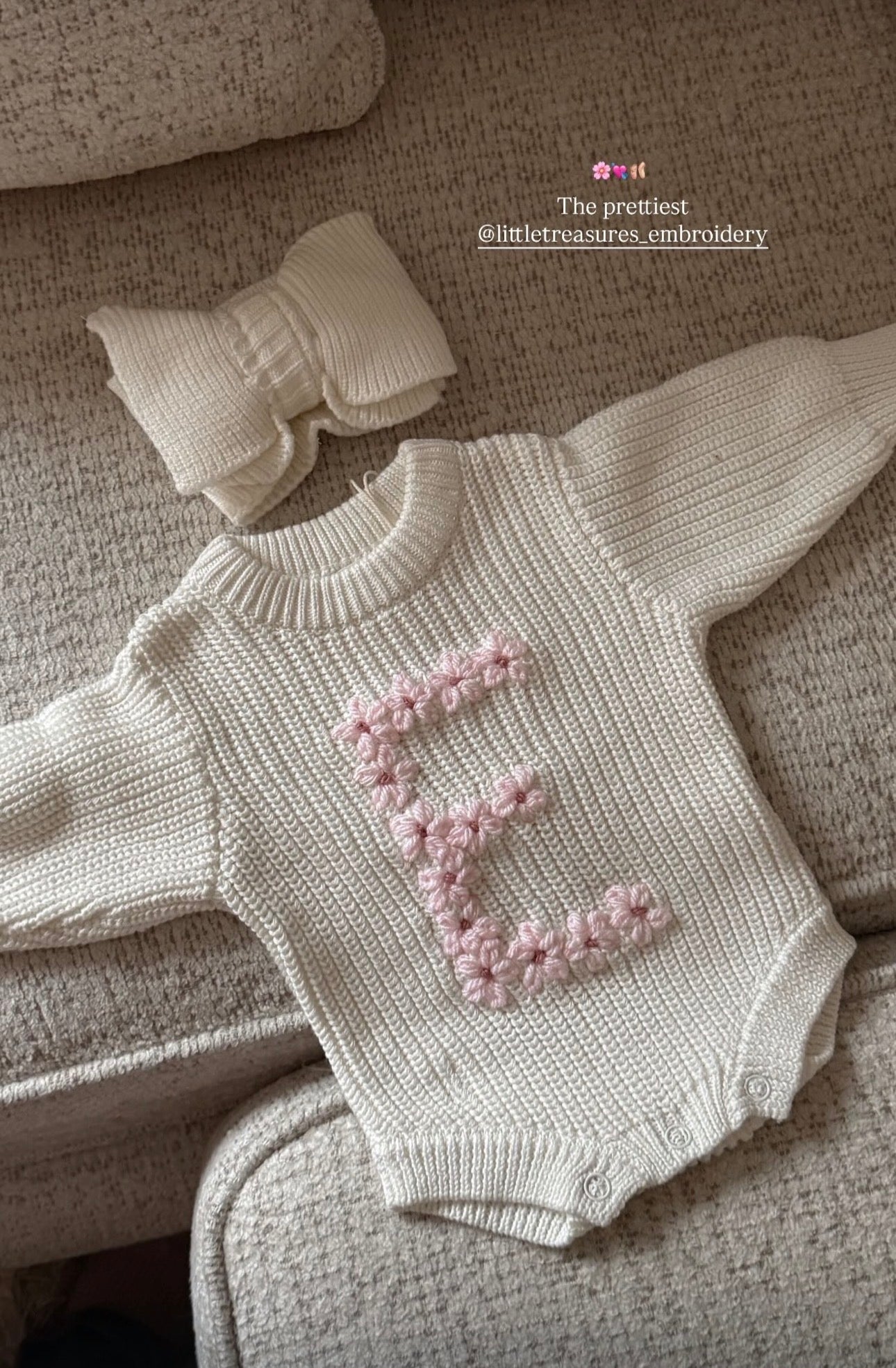 Chunky Knit Romper Floral Initial - White