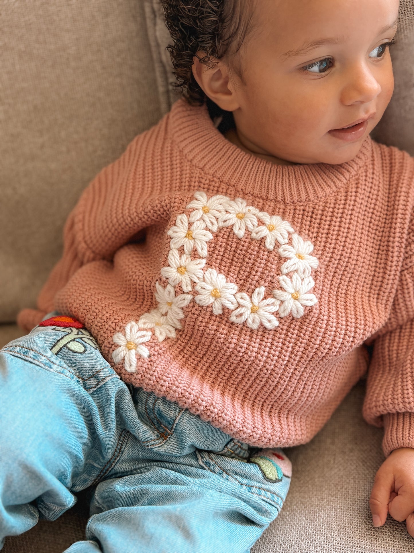 Chunky Knit Jumper Floral Initial - Pink