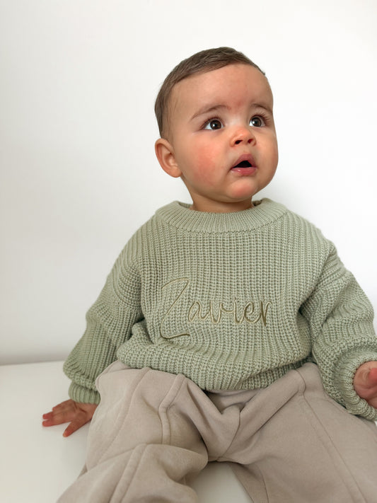 Machine Embroidered Chunky Knit Jumper - Sage